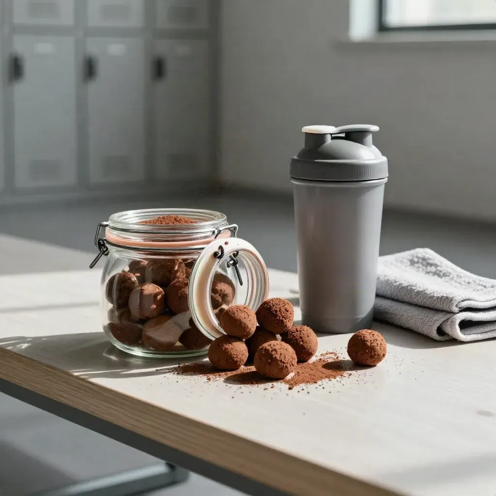 Proteinbällchen im Glas, Shaker und Handtuch auf einer Bank im Fitnessraum.