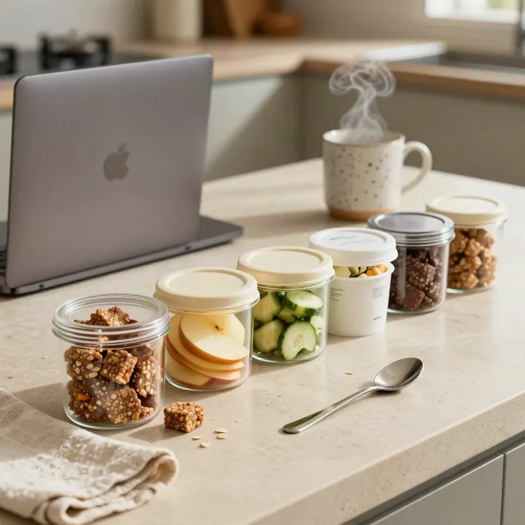 Sieben Büro-Snacks neben Laptop und Tasse auf heller Küchenzeile, morgens im natürlichen Licht.