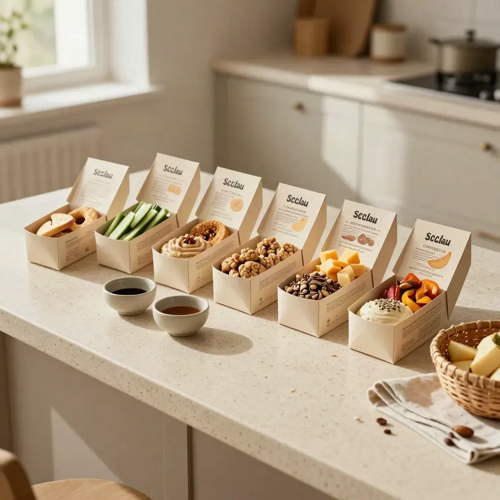 Sieben Snackboxen, drei Schalen und ein geflochtener Korb auf hellem Stein.