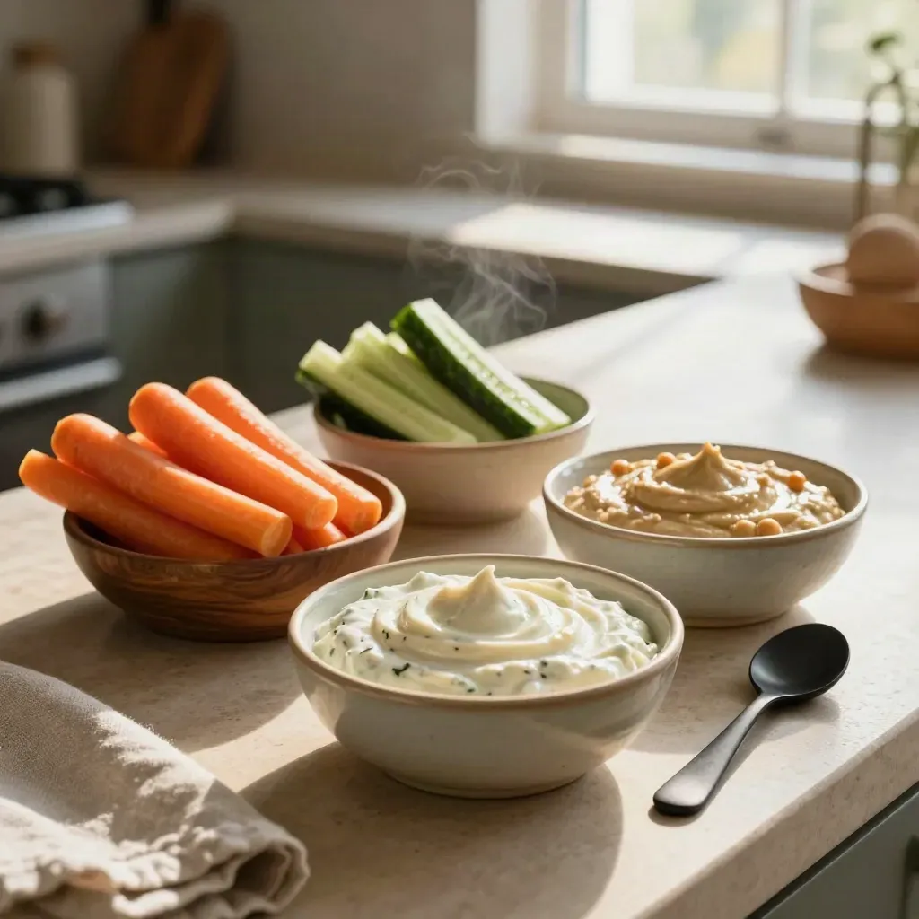 Karottensticks und Gurkenstifte mit zwei Dips in Schalen auf heller Küchenarbeitsplatte.