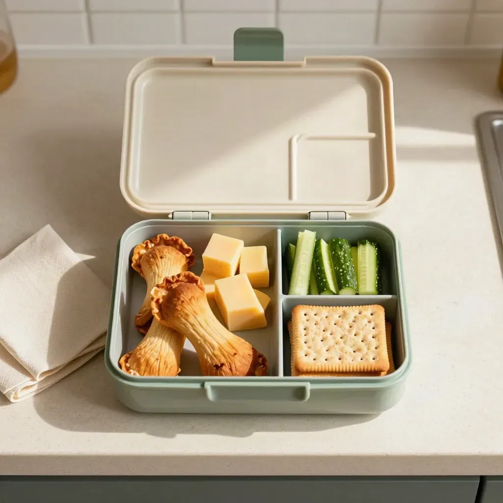 Lunchbox mit Obst, Käse, Gurke und Crackern auf hellem Küchenstein.