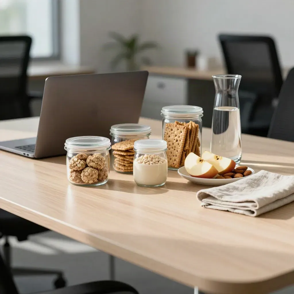 Büro-Snacks neben Laptop und Wasserkaraffe auf einem langen Tisch