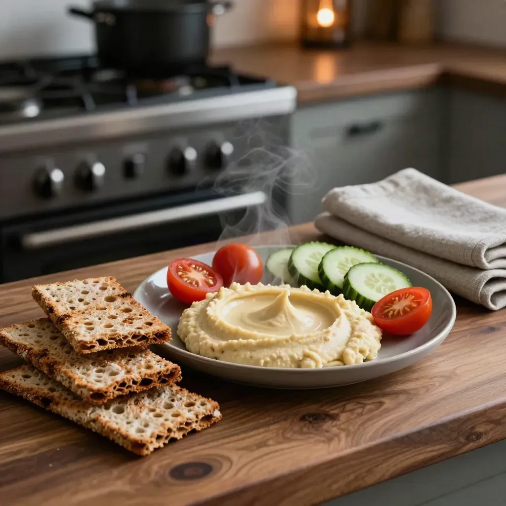 Roggenknäcke mit Hummus, Tomaten und Gurke neben dem Herd im warmen Abendlicht.