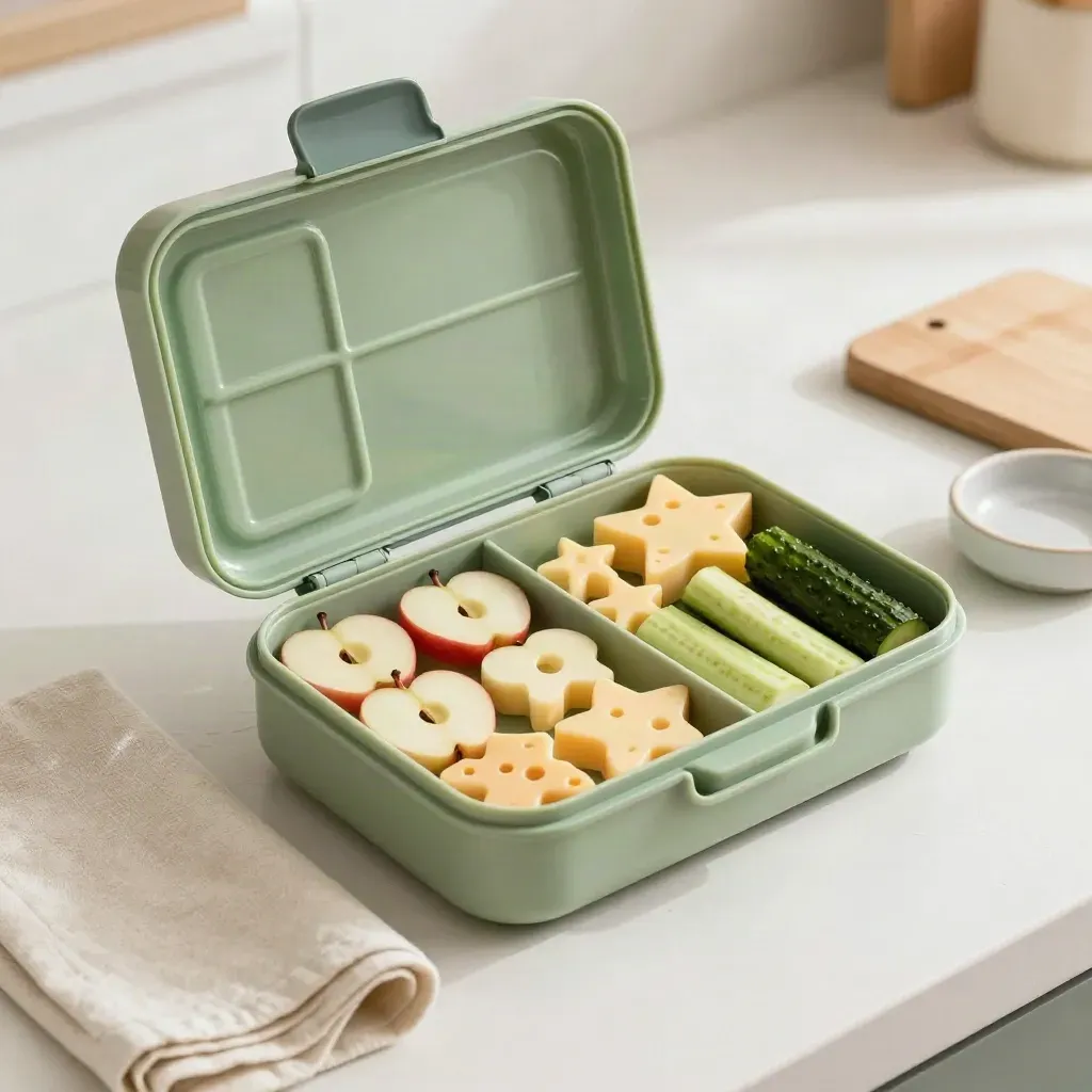 Offene Kinder-Lunchbox mit Apfelmonden, Käse-Sternen und Gurkensticks auf hellem Untergrund.