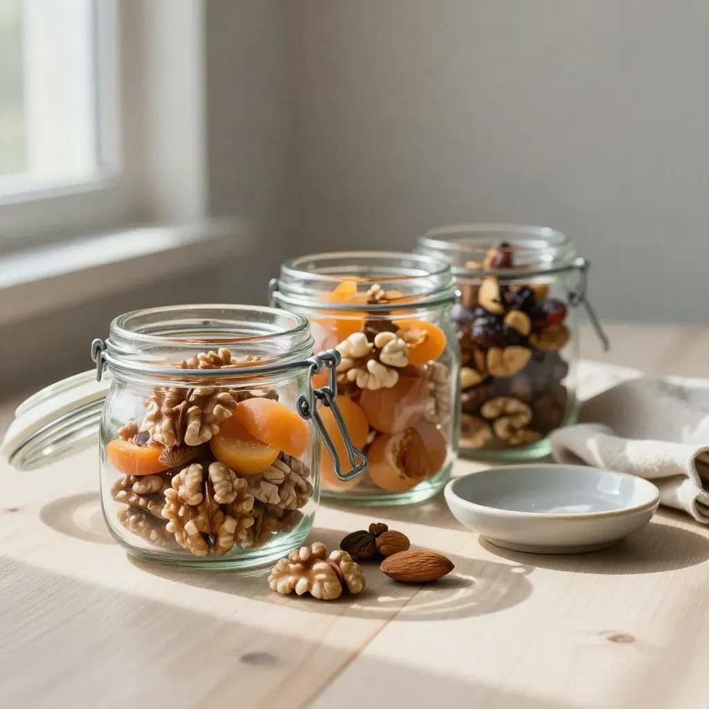 Drei Snackgläser mit Nüssen, Trockenfrüchten, Tuch und Schale auf hellem Holz.